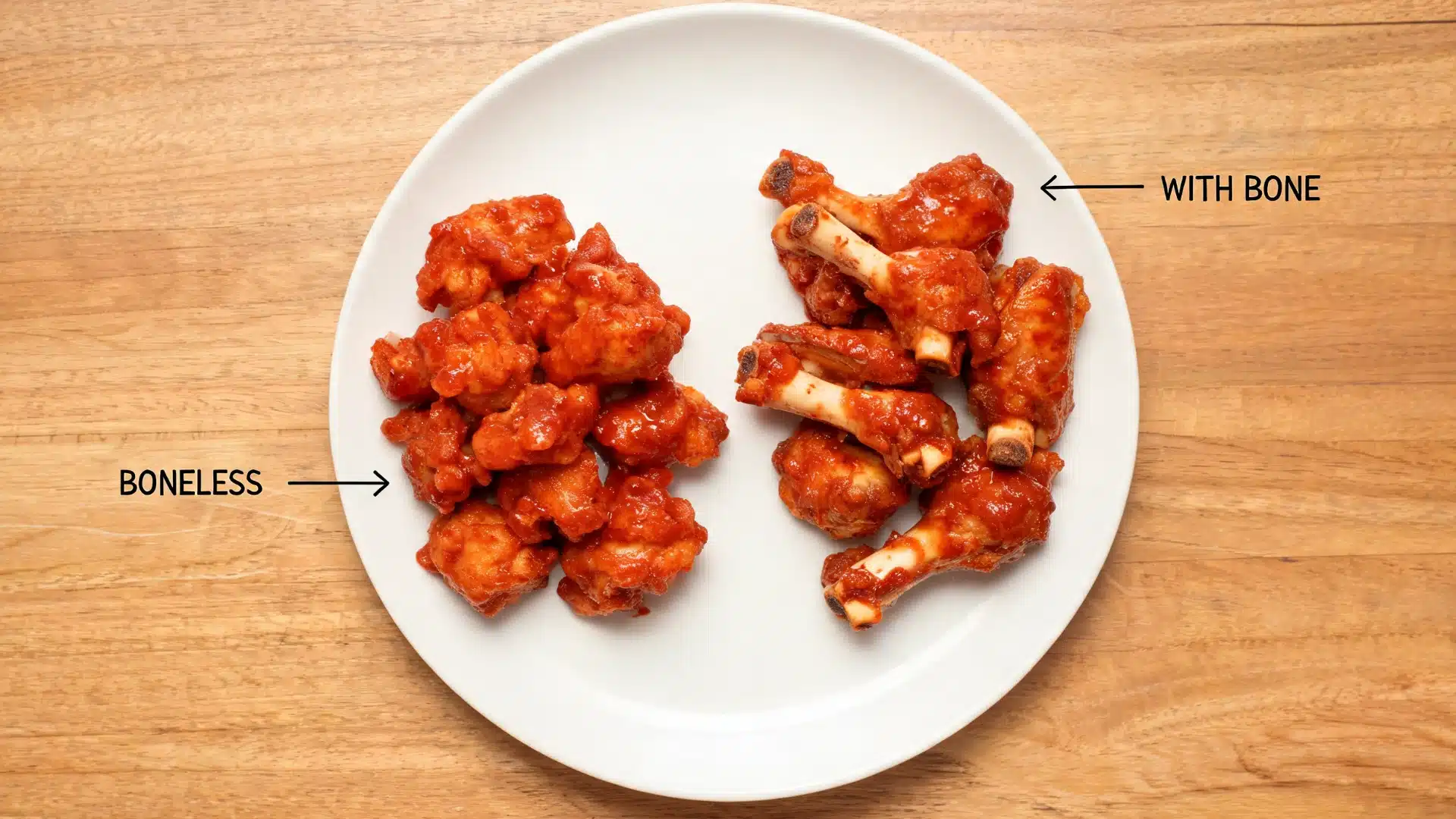 boneless and bone-in buffalo wings on a plate, labeled comparison showing boneless pieces on left and wings with bone on right, coated in buffalo sauce on a wooden table