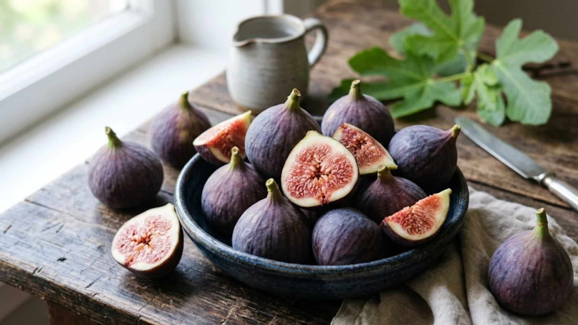 bowl of fresh purple figs, some sliced open to reveal pink centers, on a rustic wooden table by a window