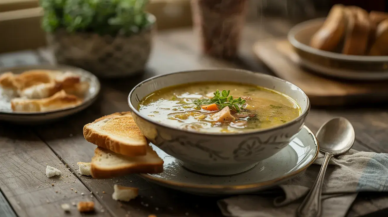 bowl of lentil soup with toast centered on table in warm natural light showing hearty lunch.