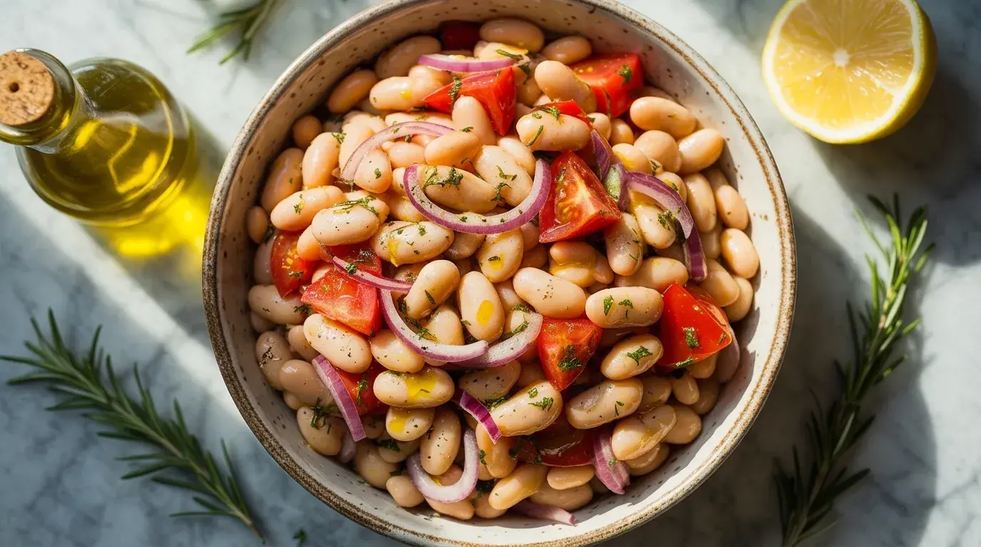bowl of mixed bean salad with red onion, parsley, olive oil, and lemon, served in a simple bowl on a clean background (1)