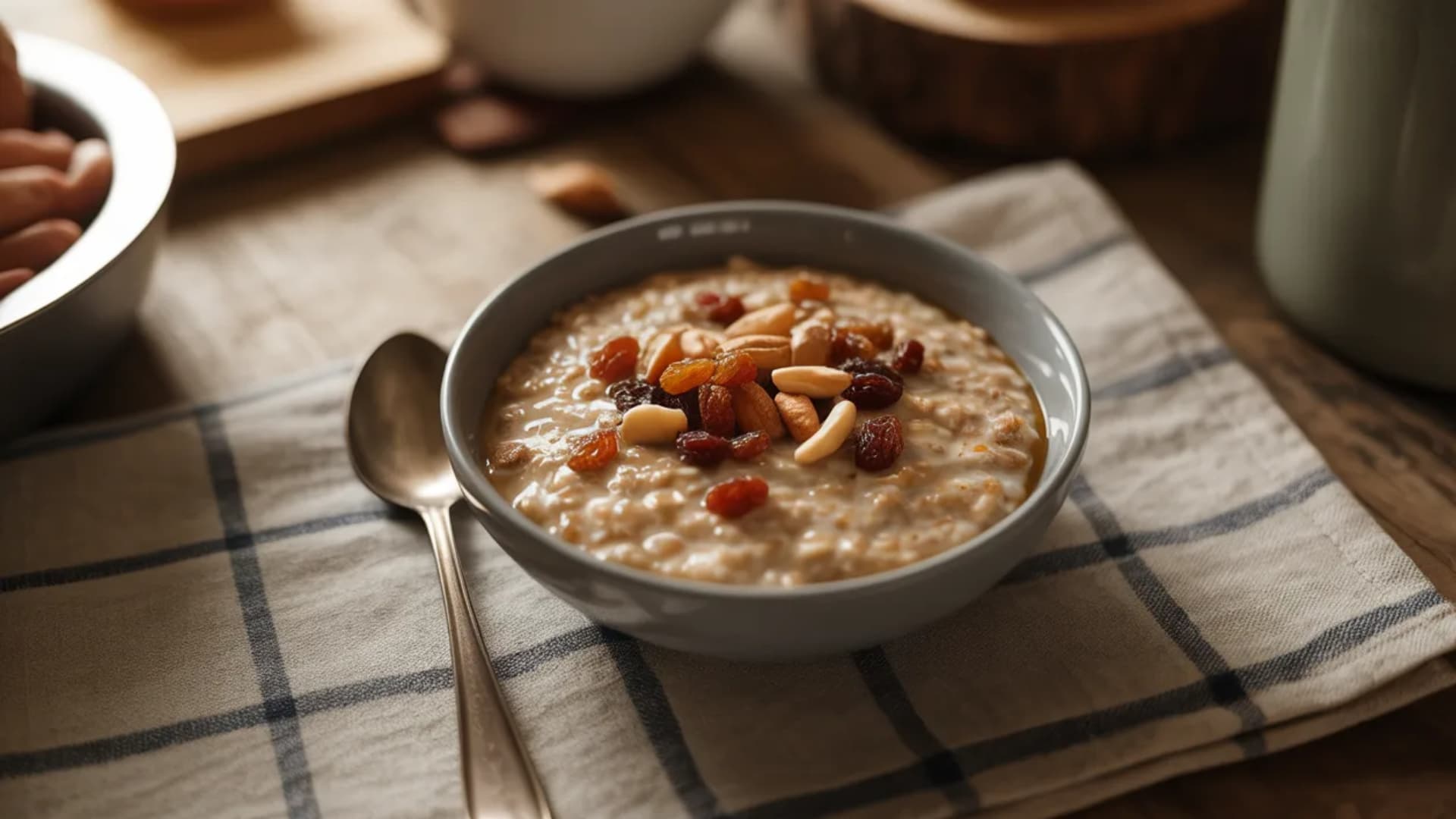bowl of oatmeal topped with raisins and nuts on a breakfast table, spoon placed beside