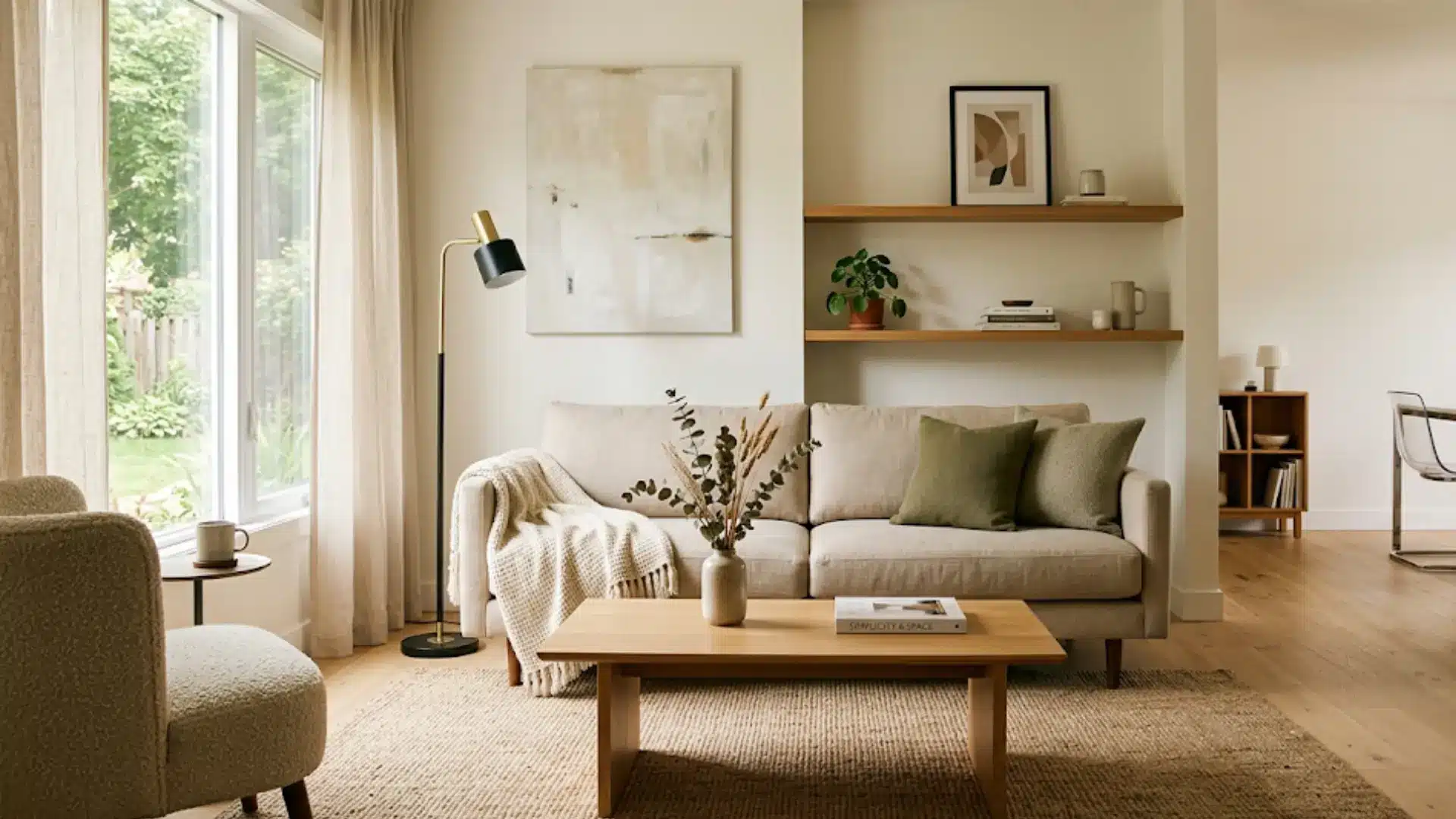 bright, minimalist living room featuring a beige sofa, wooden coffee table, and organized shelves, embodying a clean, decluttered aesthetic