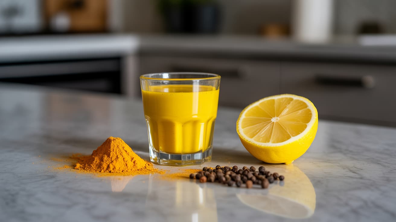 bright yellow turmeric liver detox shot with turmeric powder and black pepper on kitchen counter