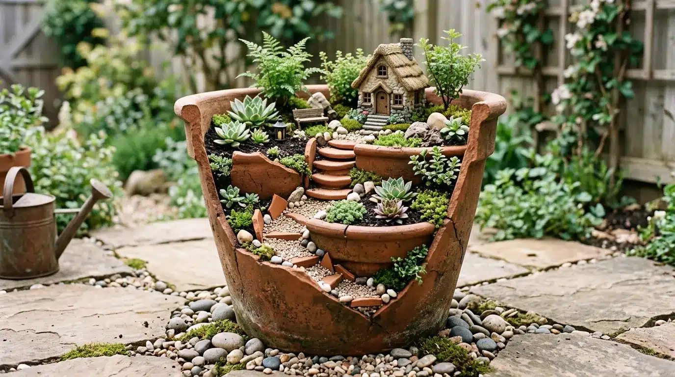 broken pot fairy garden