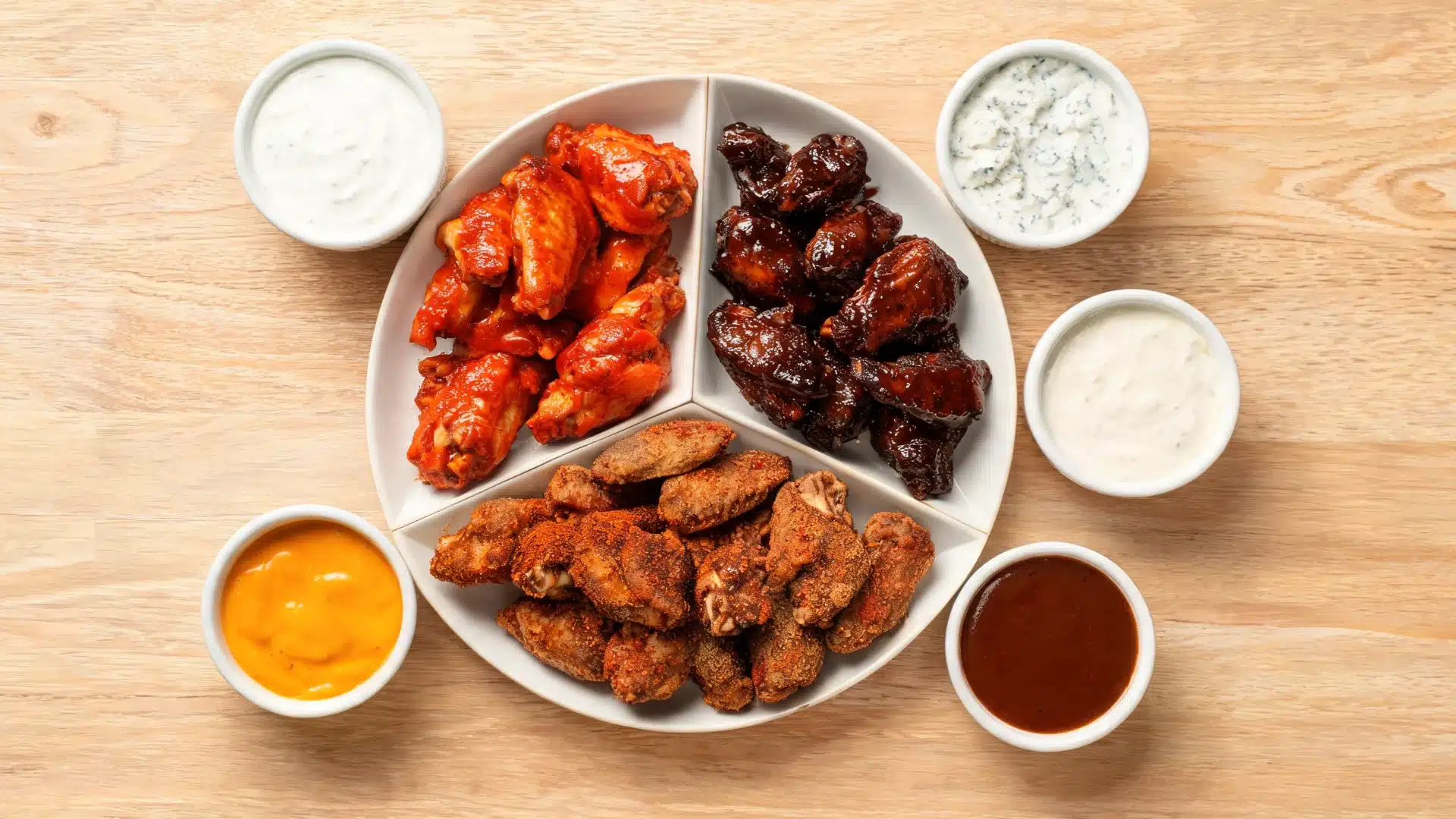 buffalo wings platter with mixed sauces and dips arranged in sections, including buffalo, BBQ, and dry rub wings with ranch and blue cheese sides on a wooden table