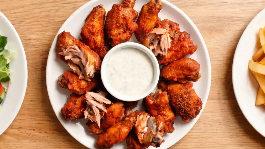buffalo wings served on a plate with creamy dip in center, top view on wooden table