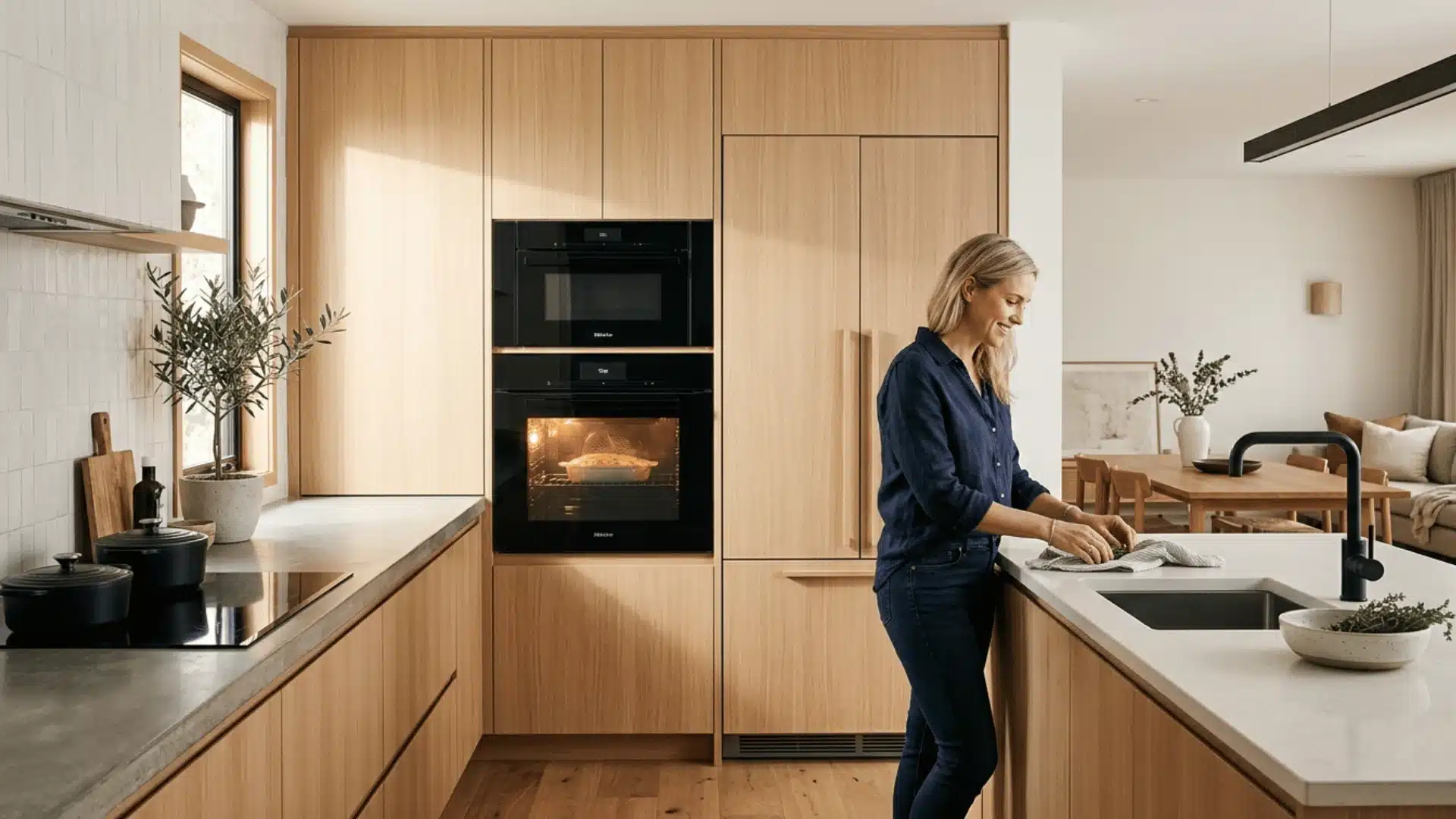 built-in appliances, showcasing an oven and refrigerator flush with the cabinetry for a seamless look