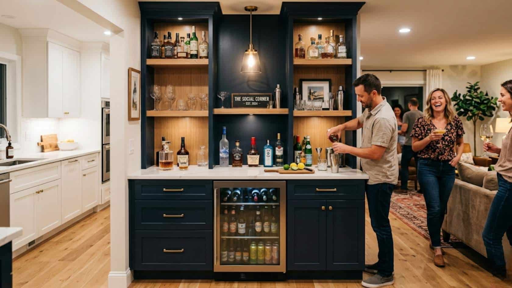 built in bar in the kitchen with the open living room and a couple of people shown in it