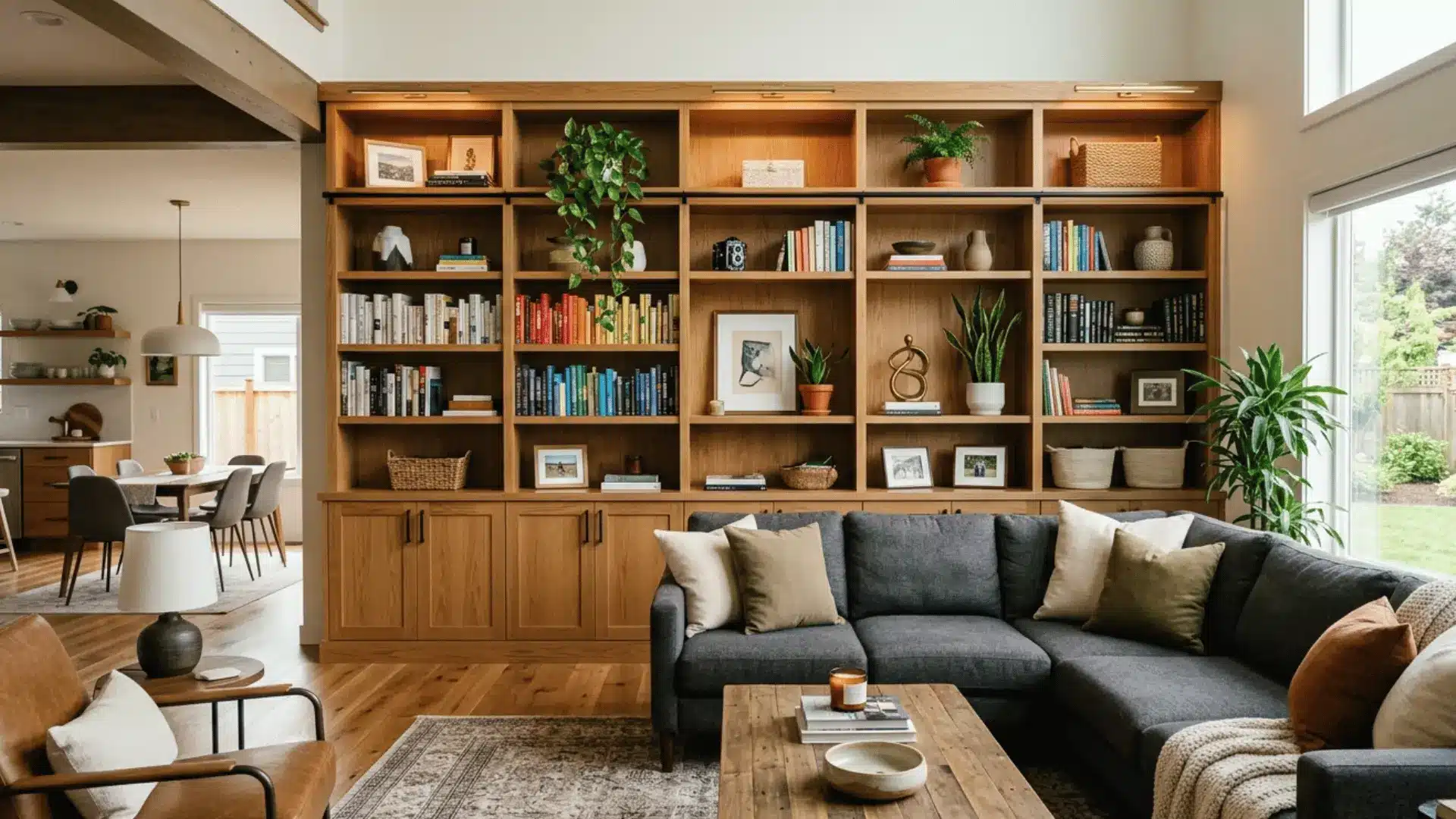 built-in shelving units effectively anchor the living area within an open-plan layout