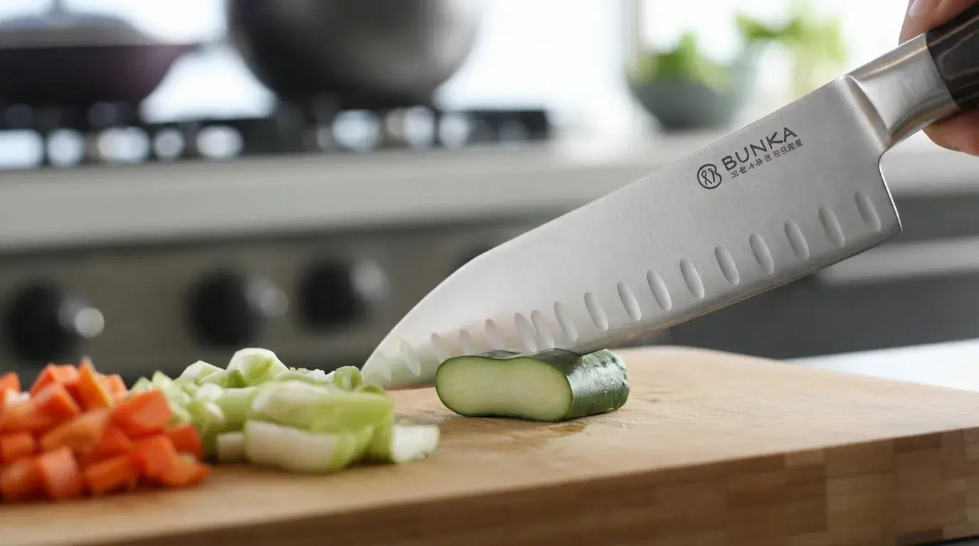 bunka knife on wooden board with chopped vegetables, showing angled tip and strong control for everyday kitchen cutting tasks (1)