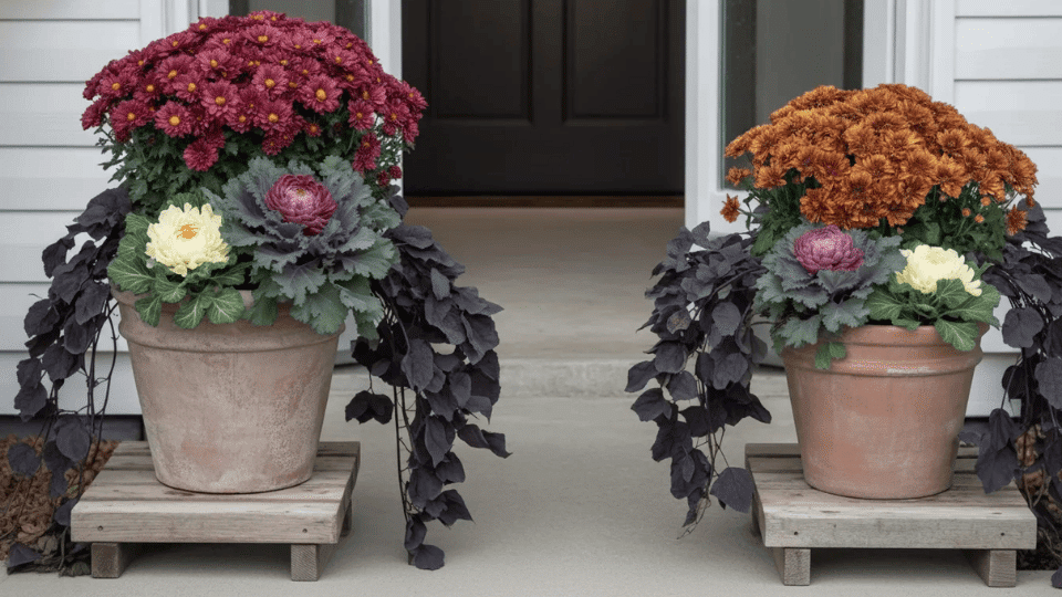 burgundy and copper mums in aged terracotta pots with trailing black sweet potato vine and ornamental kale on a fall porch
