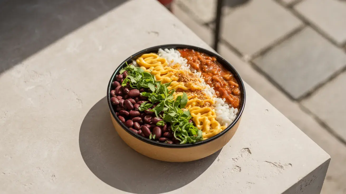 burrito bowl centered on kitchen counter in natural light showing filling and balanced lunch (1)