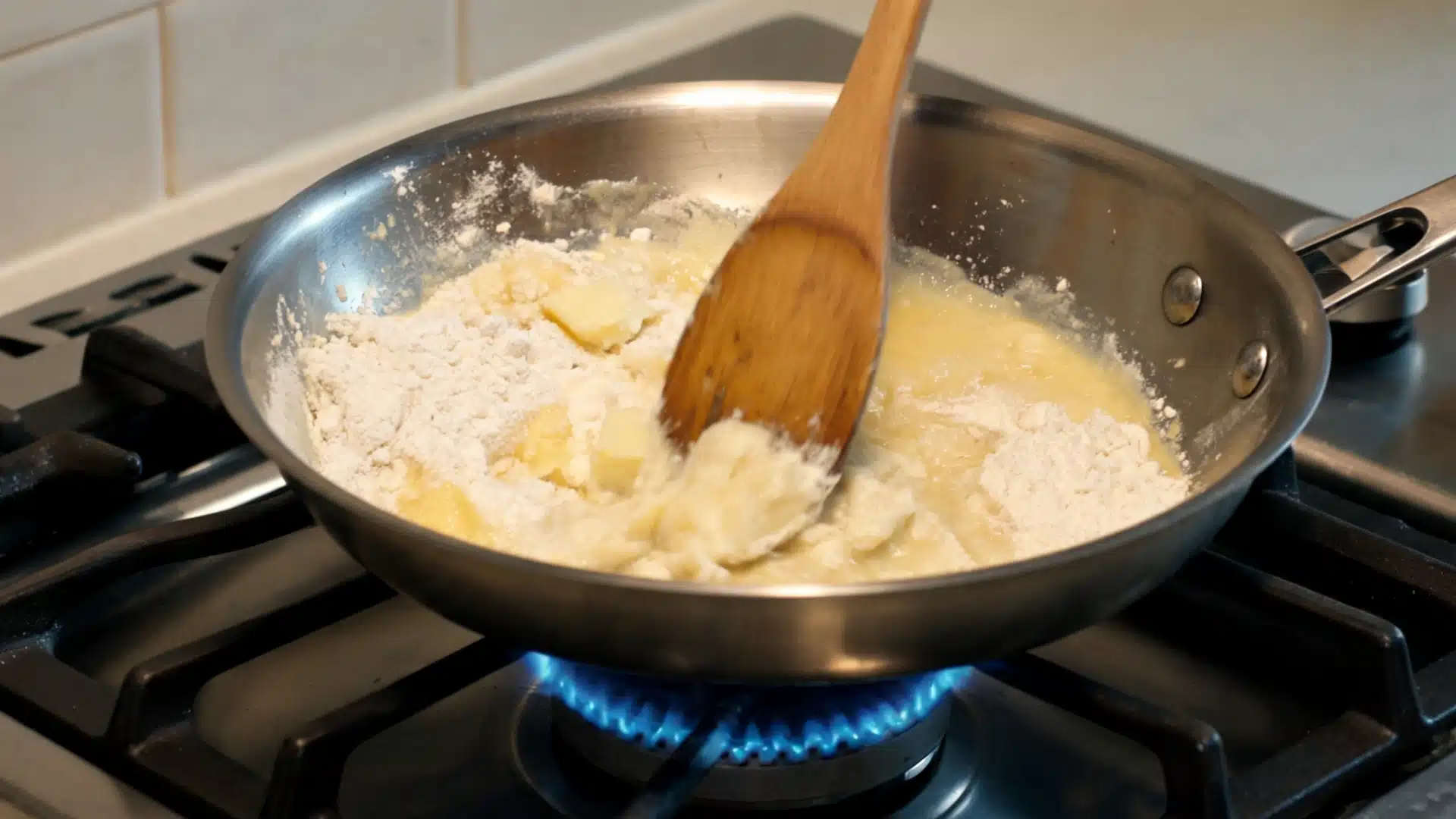 butter and flour being mixed in a pan over a gas stove with a wooden spoon while making roux for mac and cheese sauce base