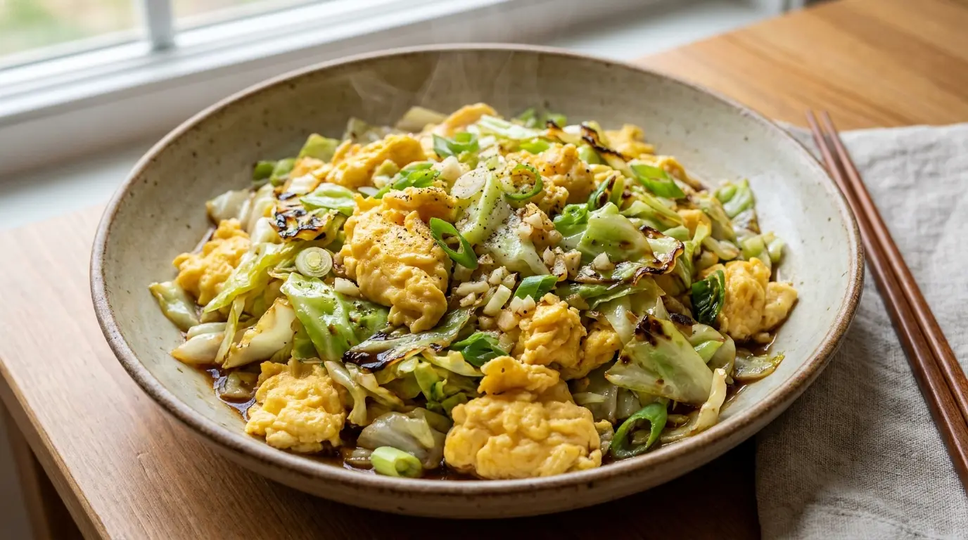 cabbage and egg stir fry with scallions garlic white pepper and light soy sauce in a bowl