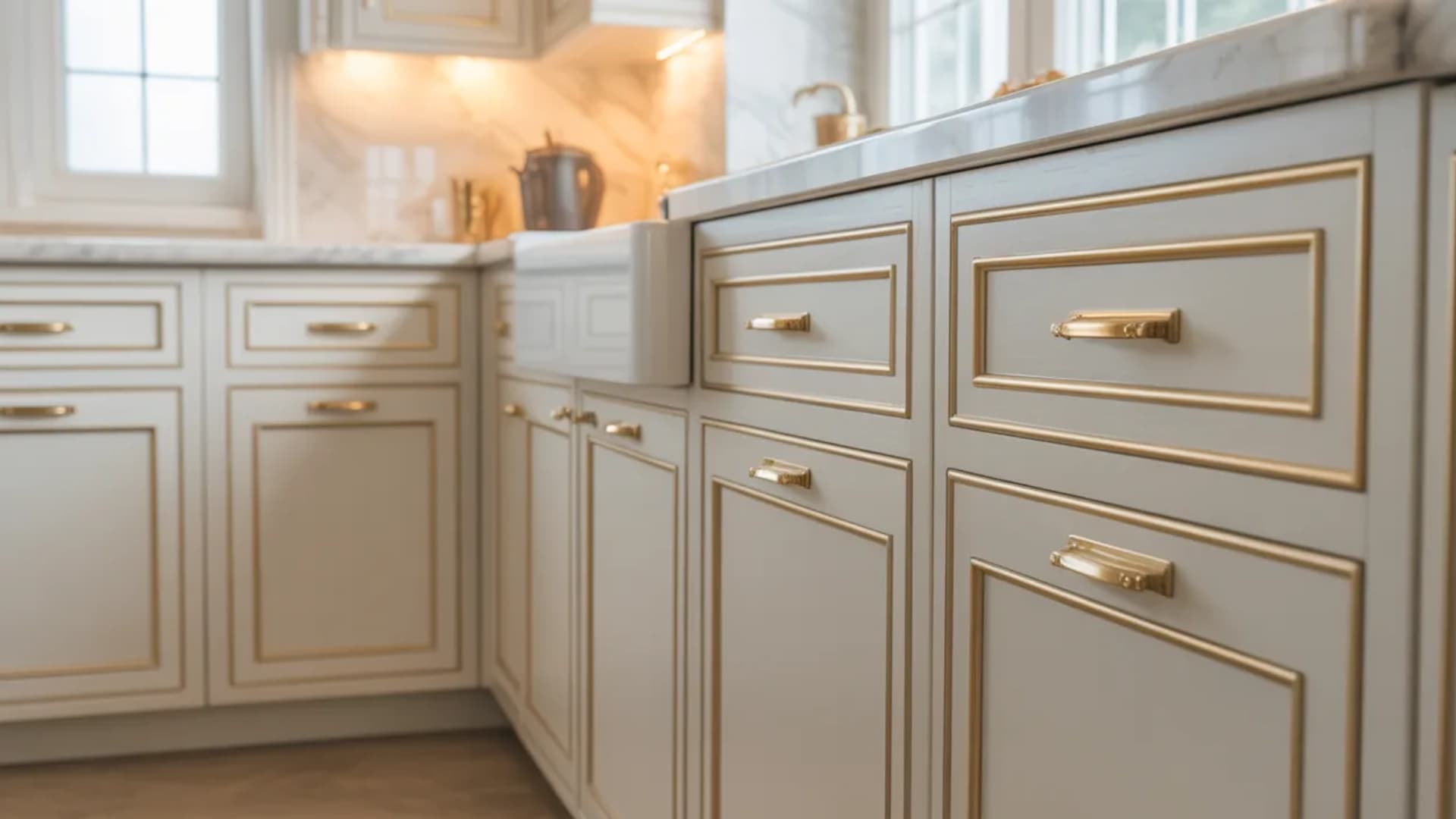 cabinets with gold accents on the edges offer a refined and subtle design update