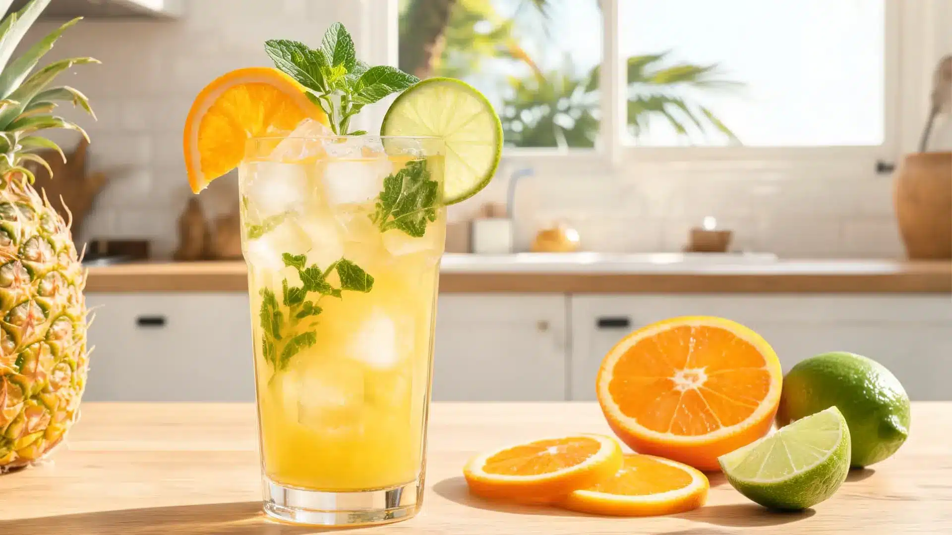 caribbean tropical pineapple juice tropical pineapple juice in tall glass with ice mint leaves citrus slices pineapple lime and palm leaves in beach setting