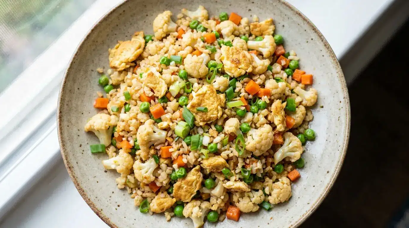 cauliflower fried rice with eggs peas carrots scallions and garlic on a clean plate