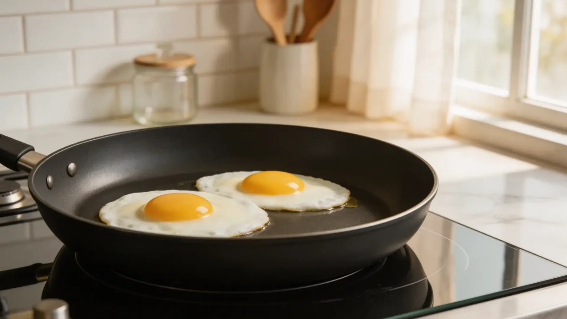 ceramic non-stick frying pan cooking sunny side up eggs, eggs sliding easily on the surface
