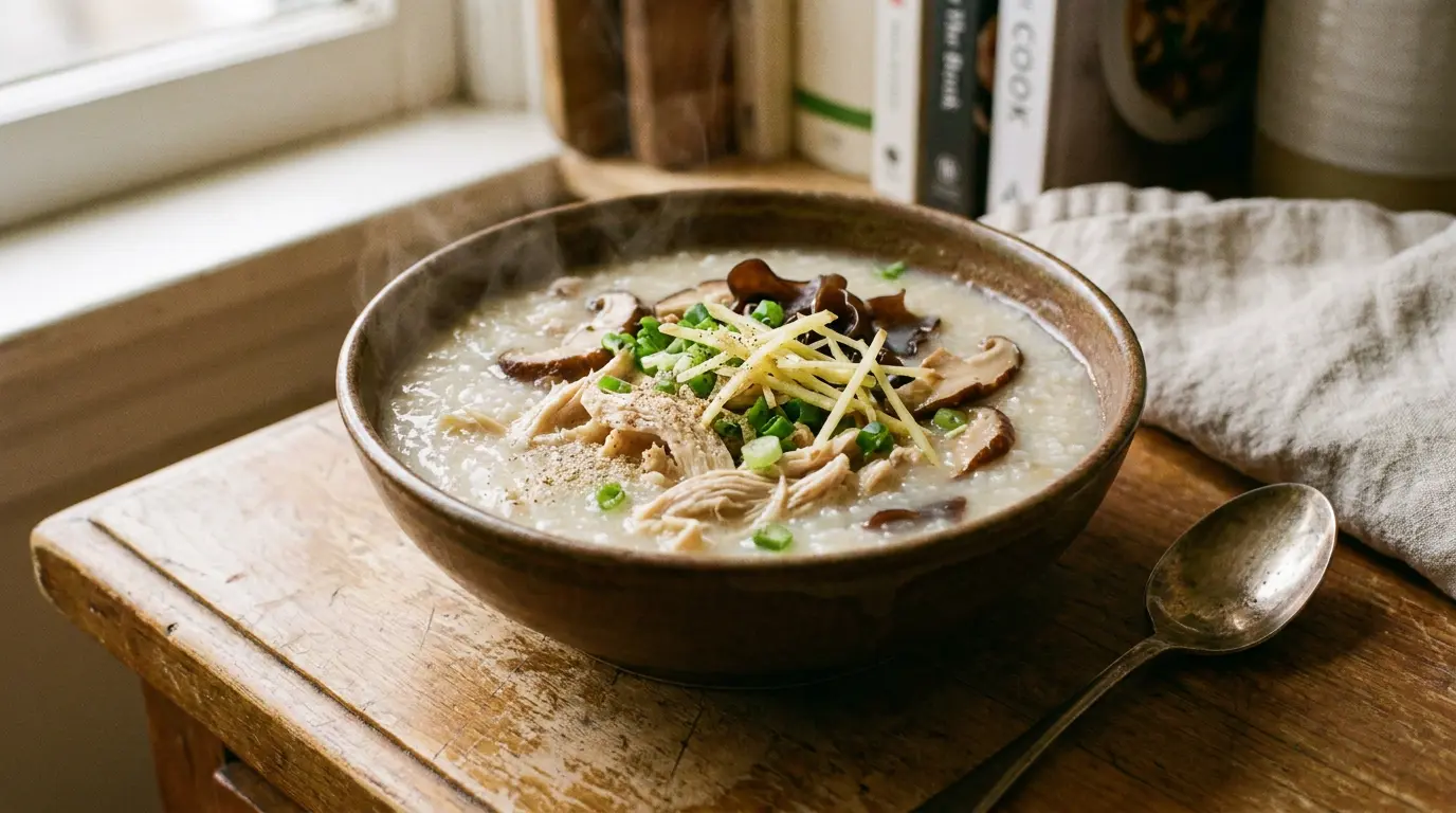 chicken congee with mushrooms ginger scallions and white pepper in a warm ceramic bowl