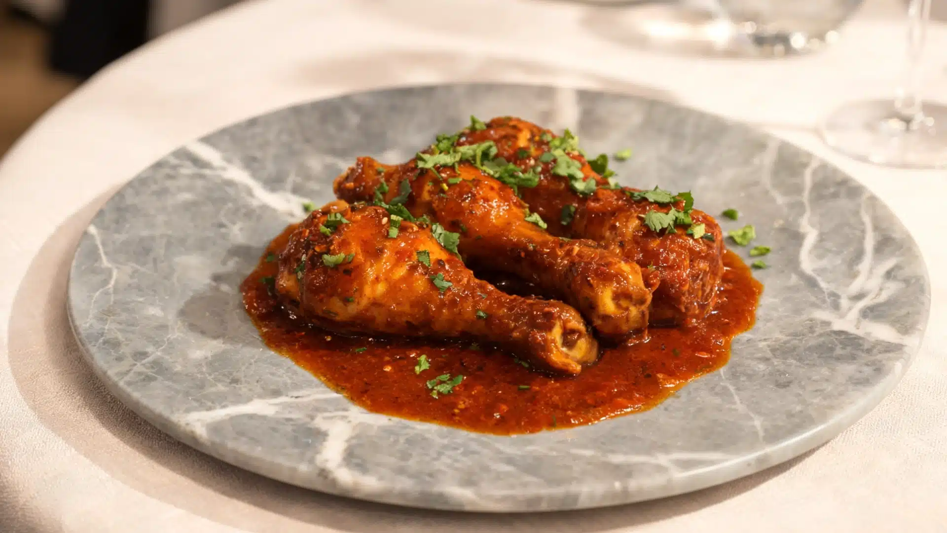 chicken drumsticks in rich sauce served on marble plate garnished with herbs in warm lighting
