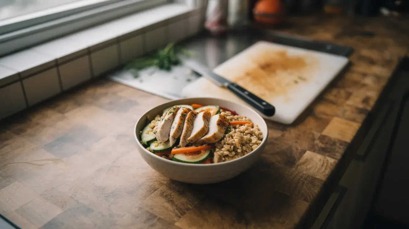 chicken grain bowl with rice and vegetables on wooden surface in natural light showing filling and simple meal prep lunch (1)