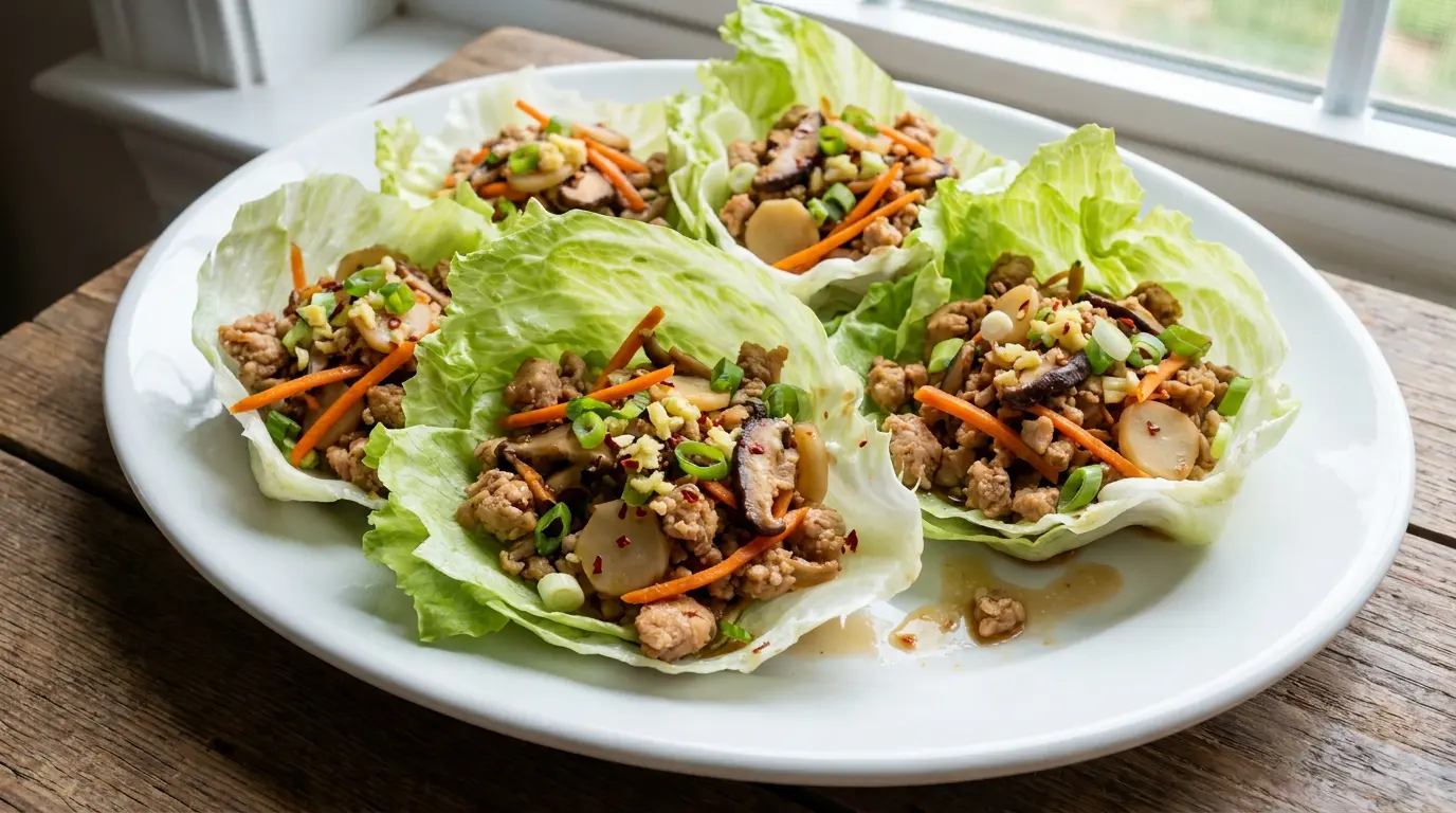 chicken lettuce wraps filled with mushrooms carrots scallions and garlic on a white plate
