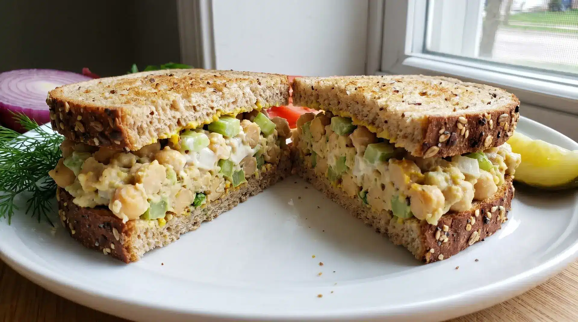 chickpea salad sandwich with mashed chickpeas, mayonnaise, mustard, and celery on whole grain bread, sliced in half (1)