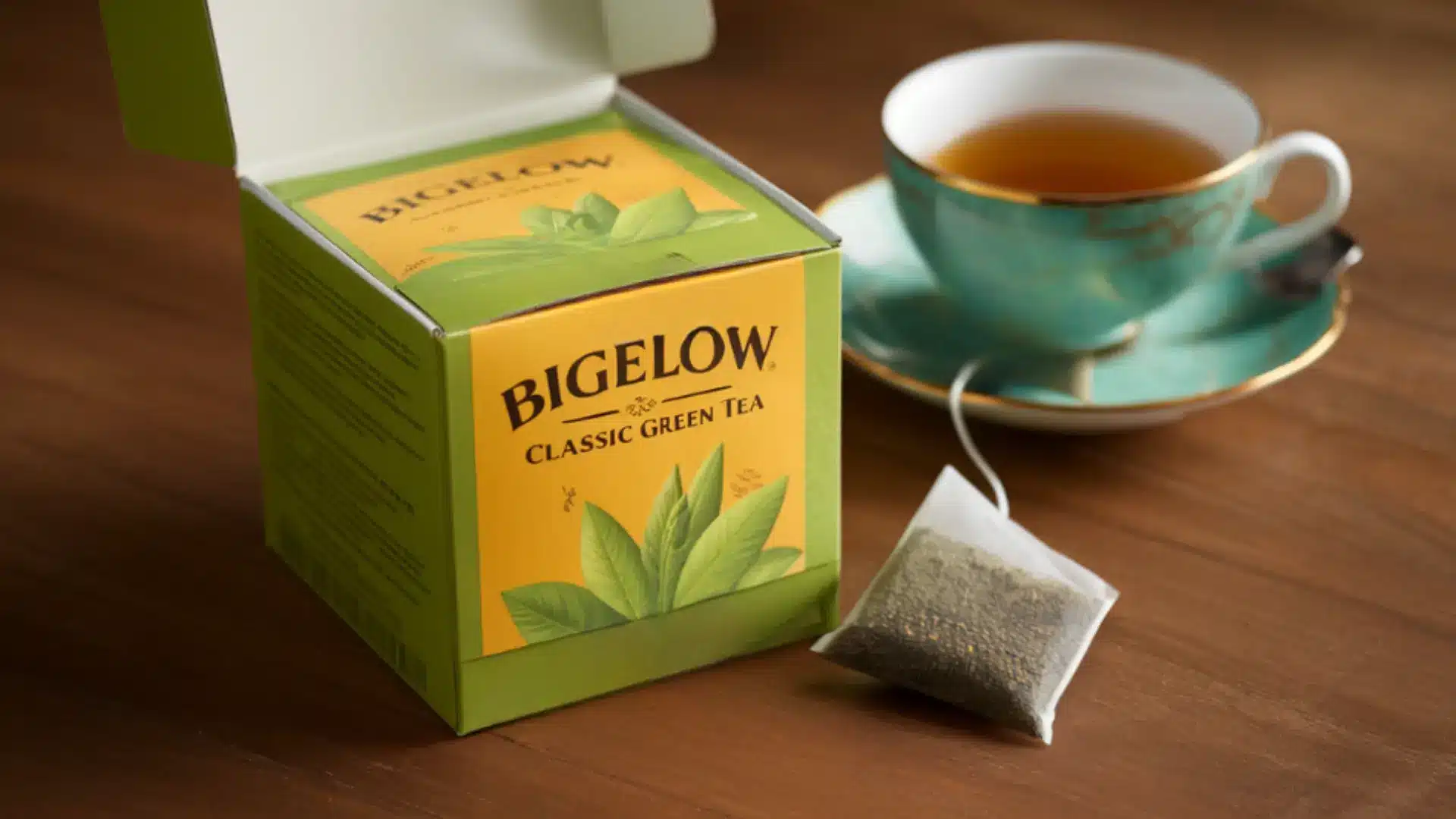 classic green tea bag from bigelow steeped in cup representing mild flavor smooth taste and everyday affordable tea option for wellness