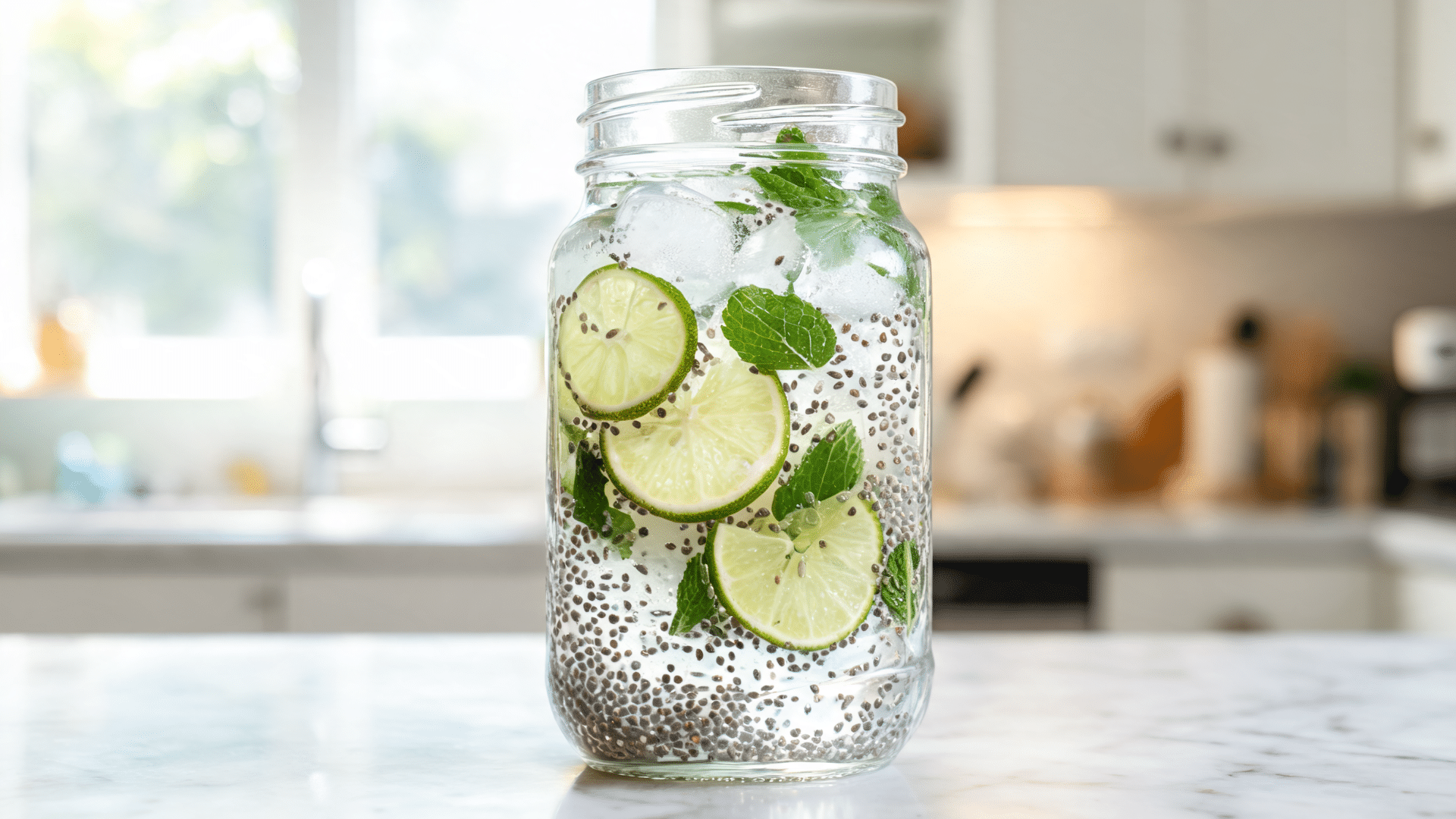 classic lime chia fresca with chia seeds, lime slices, ice, and honey on a bright kitchen counter