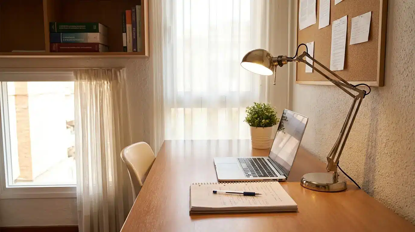 clean desk setup with workspace essentials arranged neatly for study and work