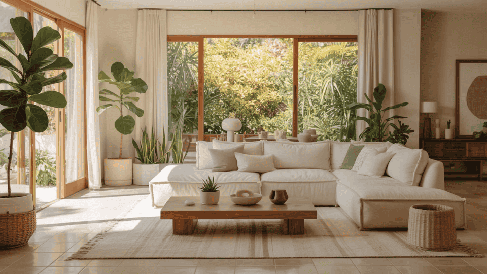 clean feng shui living room with neutral tones natural light plants and balanced furniture layout