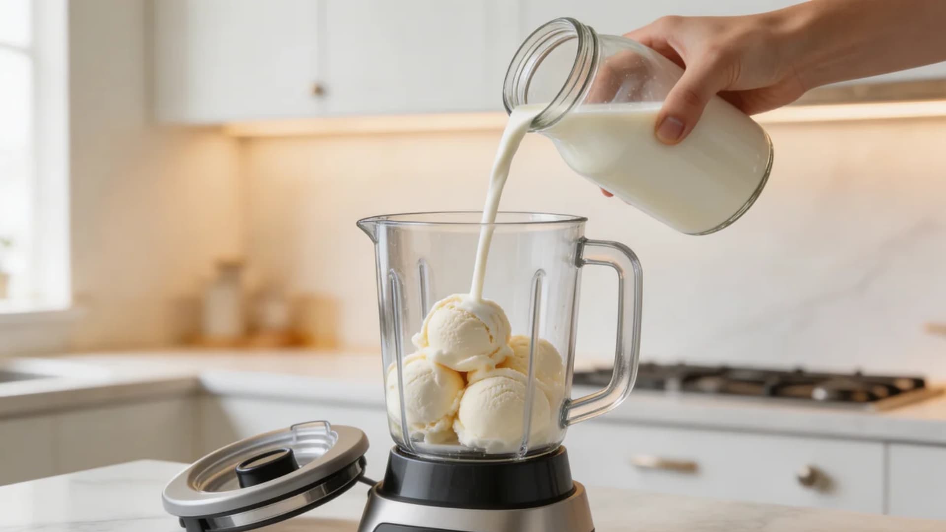clean kitchen counter with a blender, vanilla ice cream being scooped into the blender, and cold milk being poured in, set against a bright, modern kitchen background
