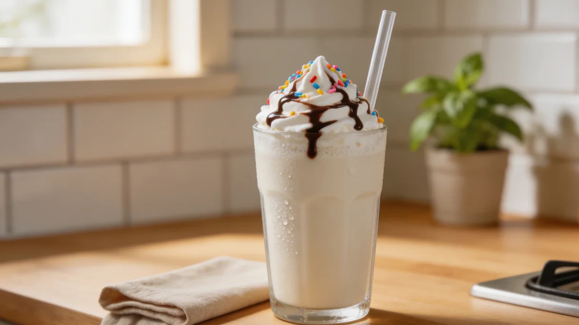 clean kitchen counter with a glass, vanilla milkshake being served into the glass and a straw inn
