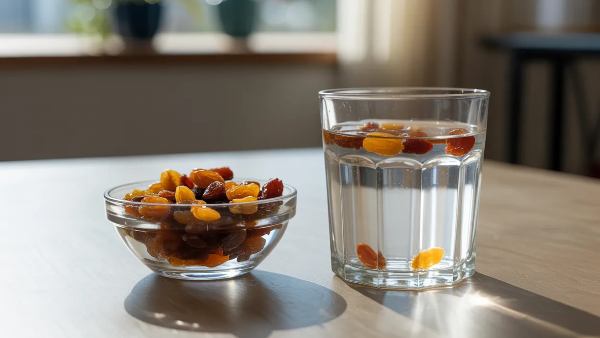 clear glass of raisin-infused water on a table with a few soaked raisins at the bottom, beside it a small bowl of soaked raisins