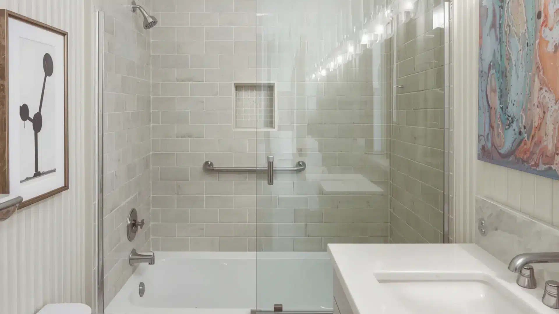 clear glass shower screen, light wall tiles, built-in shower niche, compact vanity, family-friendly layout