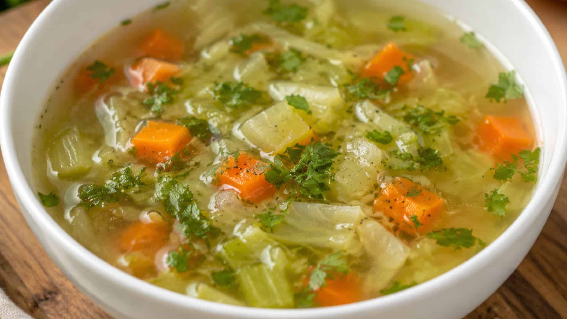 clear vegetable soup in white bowl with carrots celery onions and herbs in light broth on wooden table