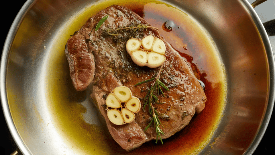 close up of a beef steak with garlic and rosemary searing in a stainless steel pan with butter and pan drippings