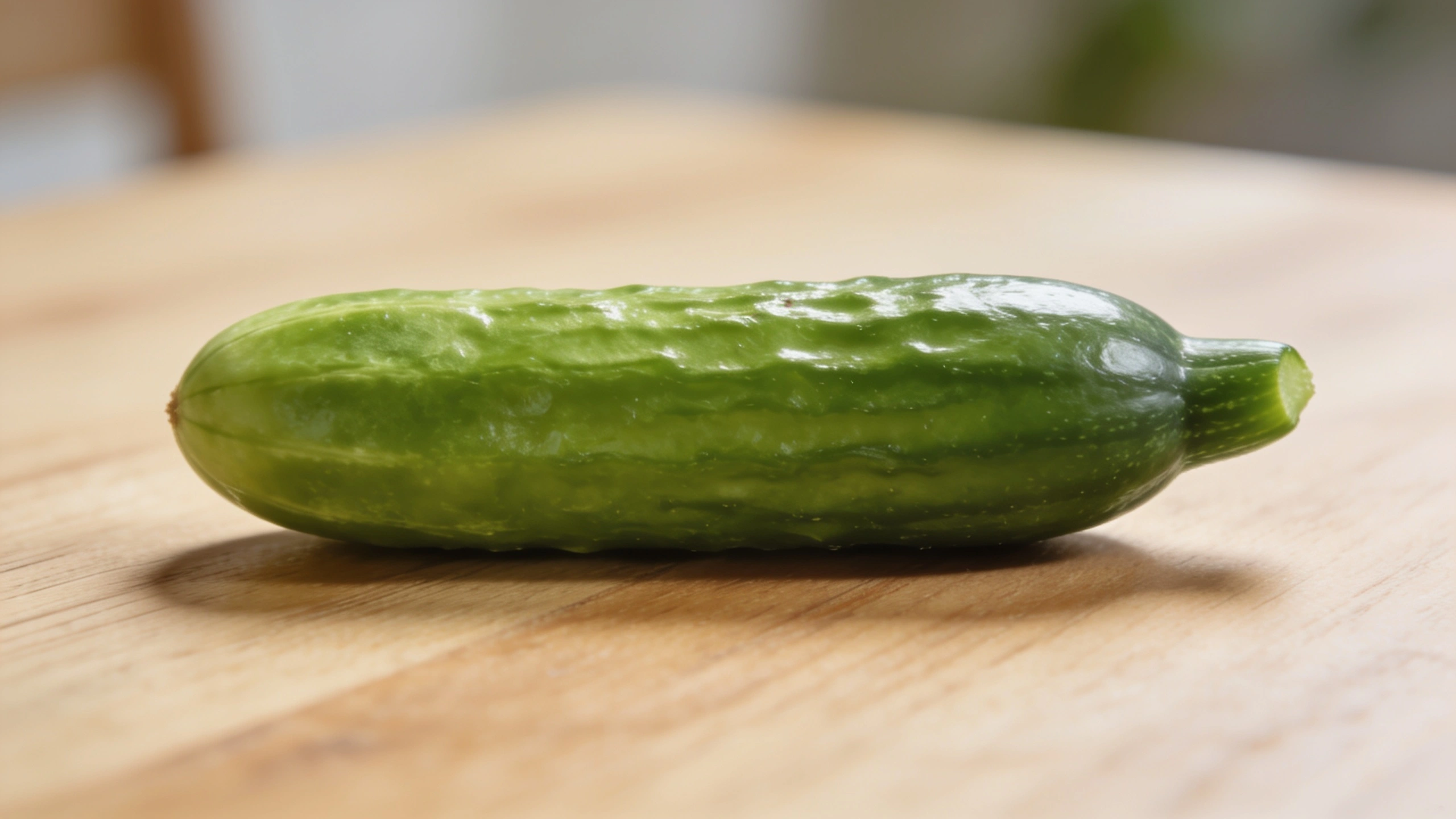 Close-up of a fresh mini cucumber on a wooden surface