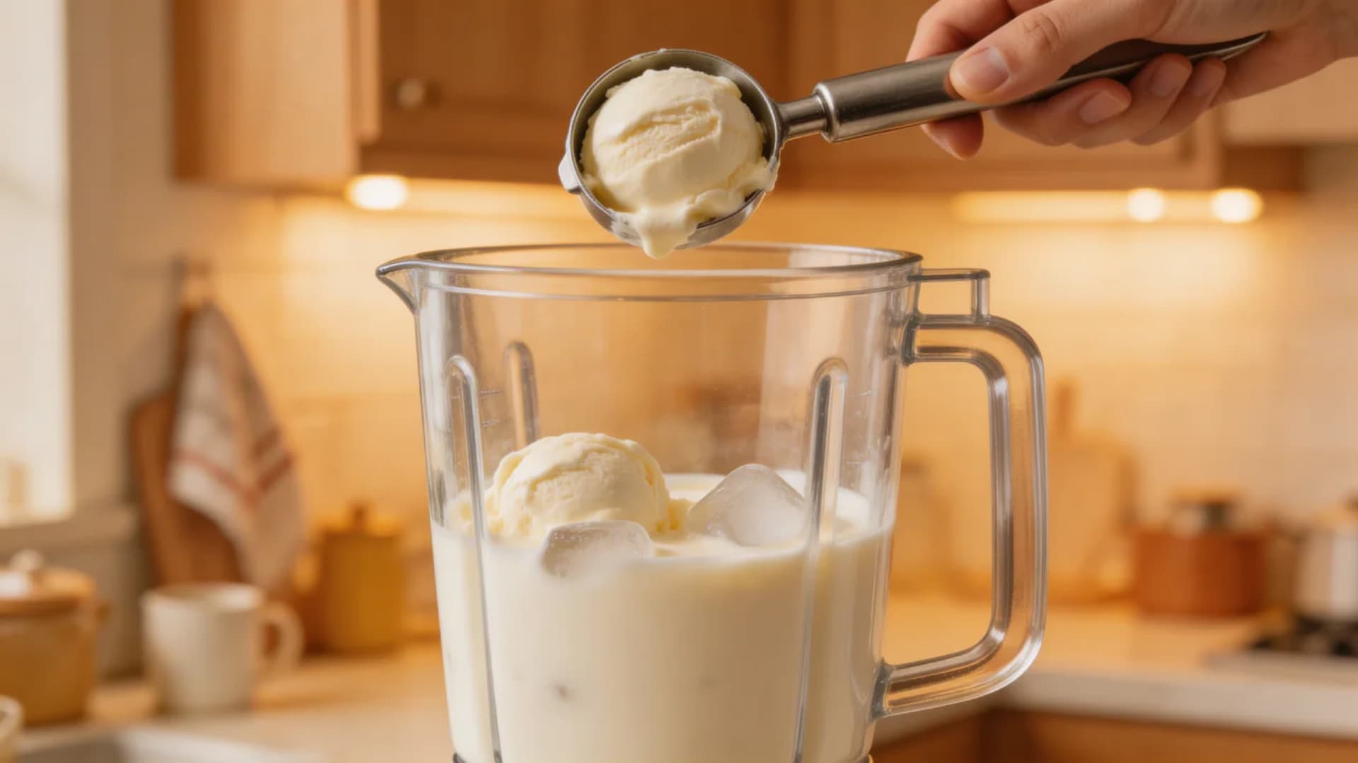 close-up of a hand adding more ice cream into the blender to thicken the milkshake. The kitchen background is softly lit and the blender is focused