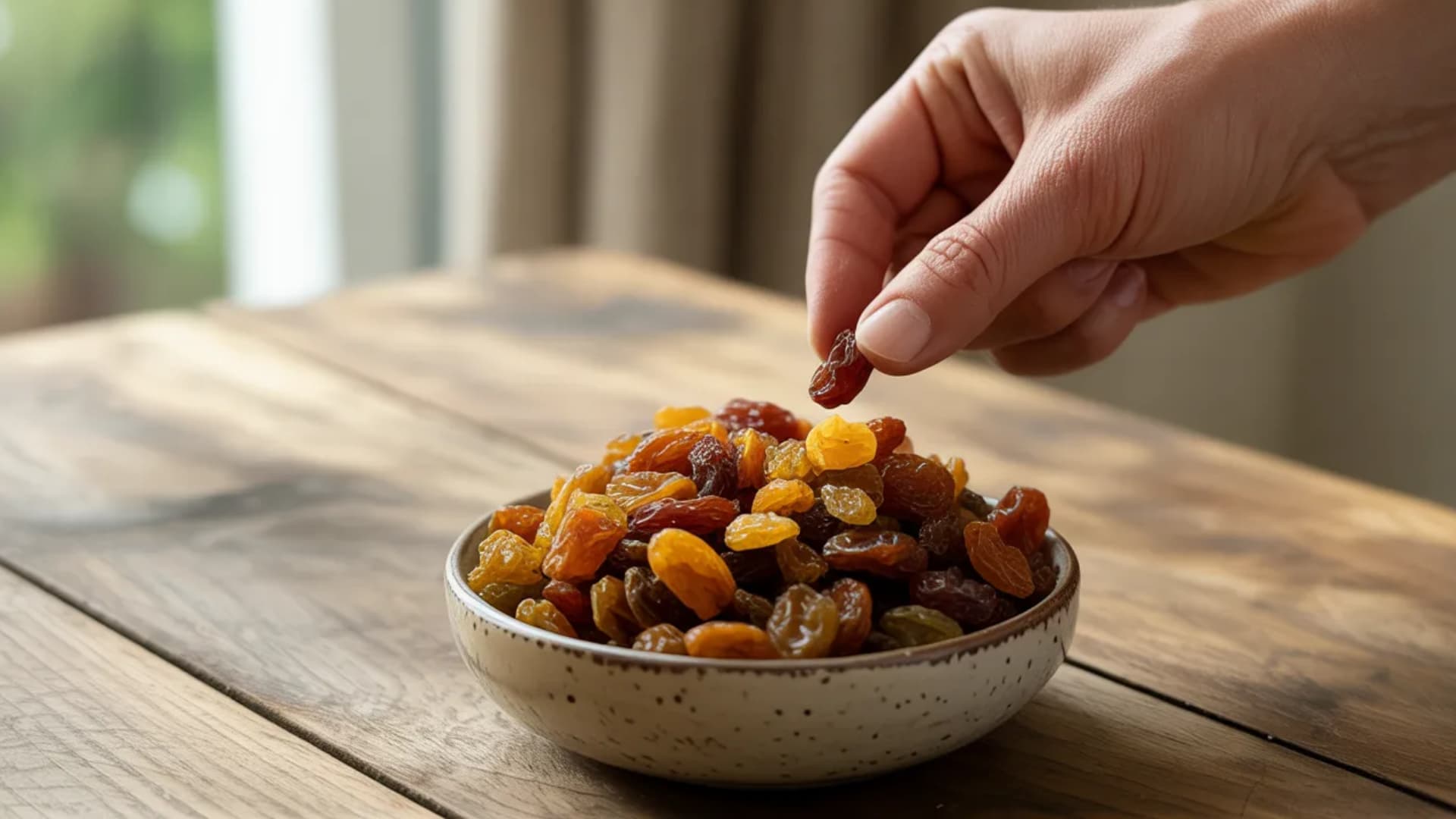 close-up of a small bowl of raisins placed on a wooden table, natural light, a hand picking a few raisins