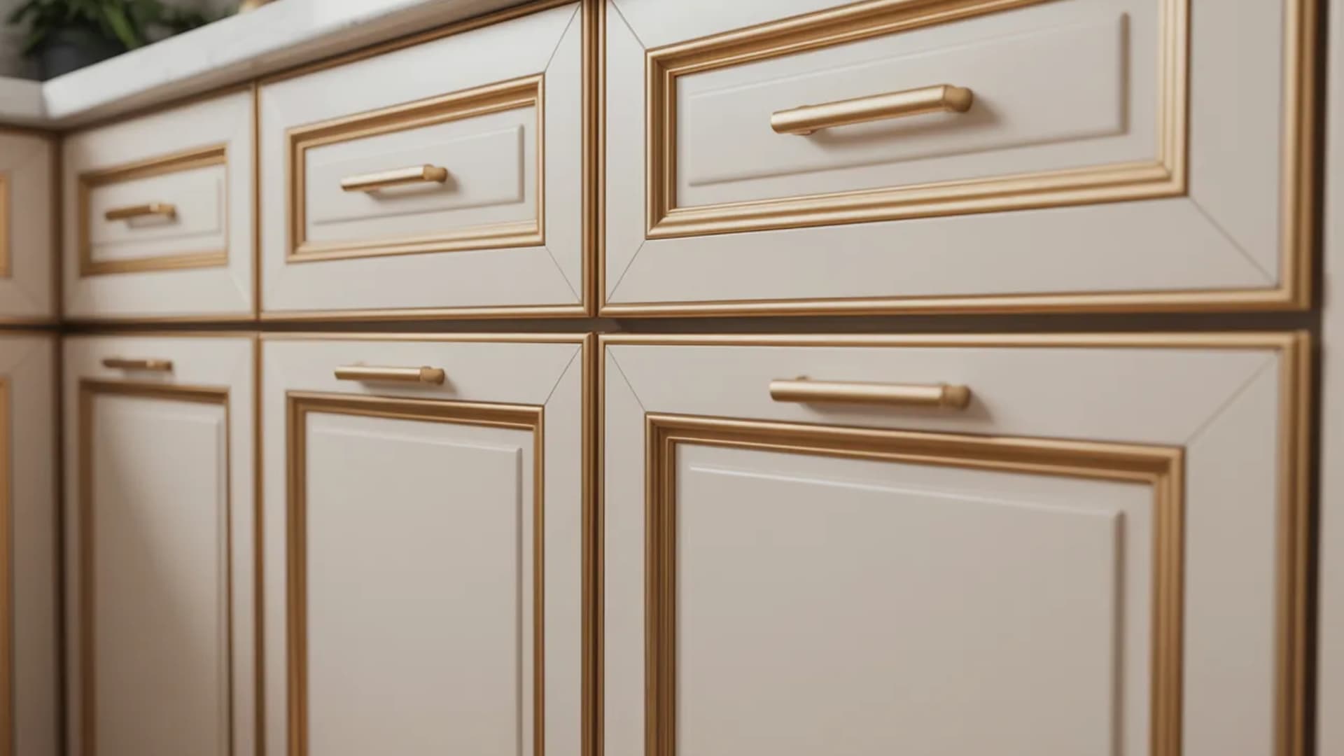 close-up of elegant kitchen drawers featuring soft beige cabinetry with intricate gold trim and handles