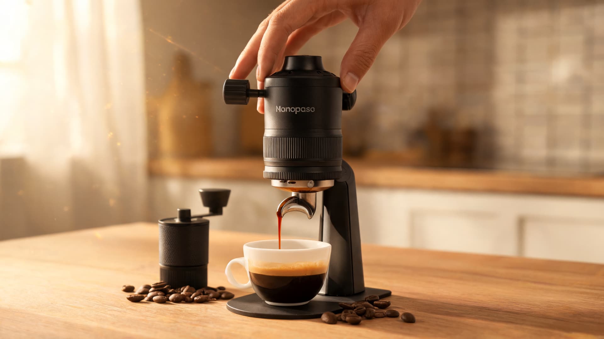 close up of nanopresso brewing espresso with warm sunlight in cozy kitchen and coffee beans