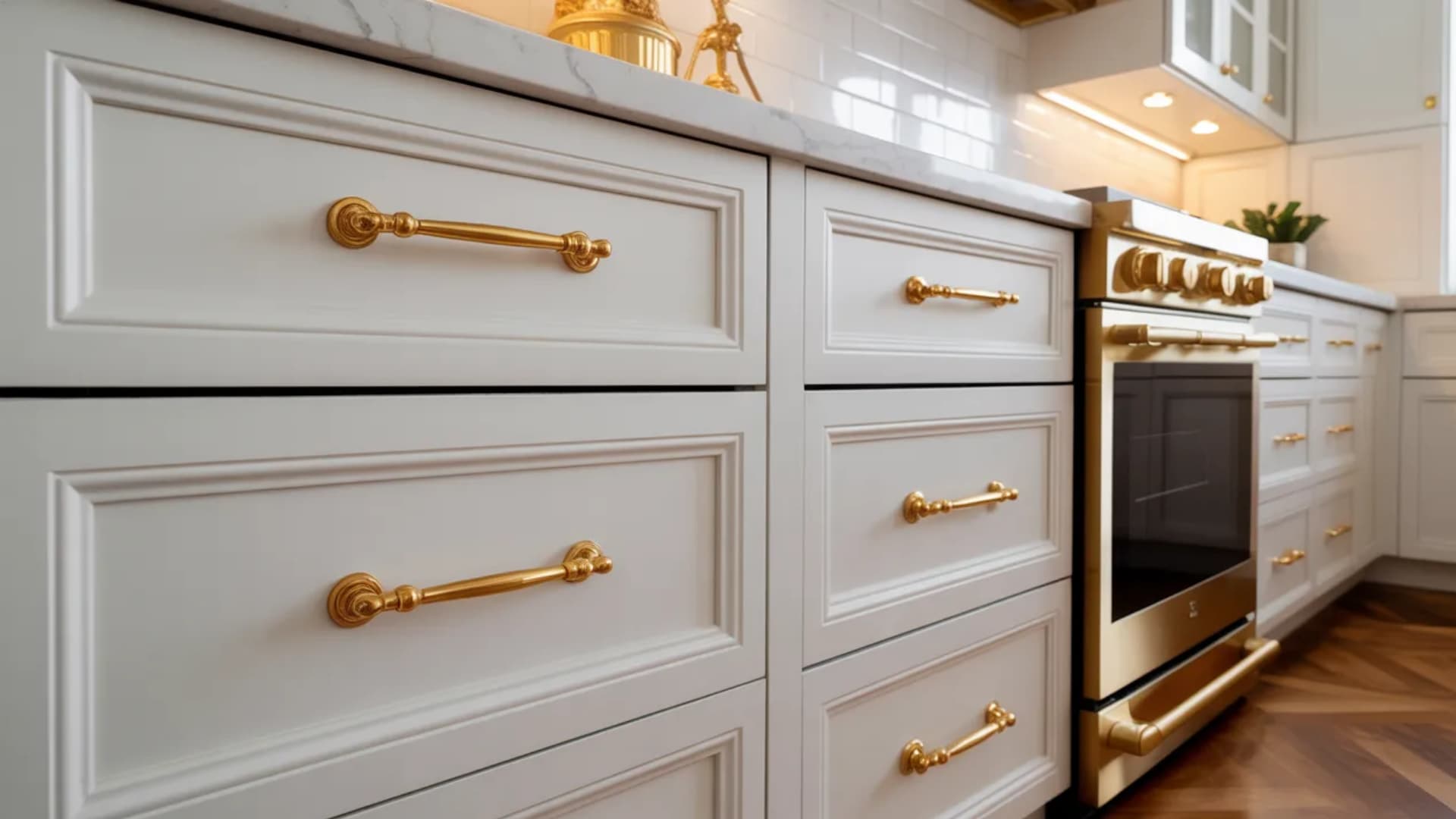 close-up view of a luxurious white kitchen featuring detailed gold hardware. The elegant gold drawer pulls are matched with a gold-accented oven, creating a refined, high-end aesthetic