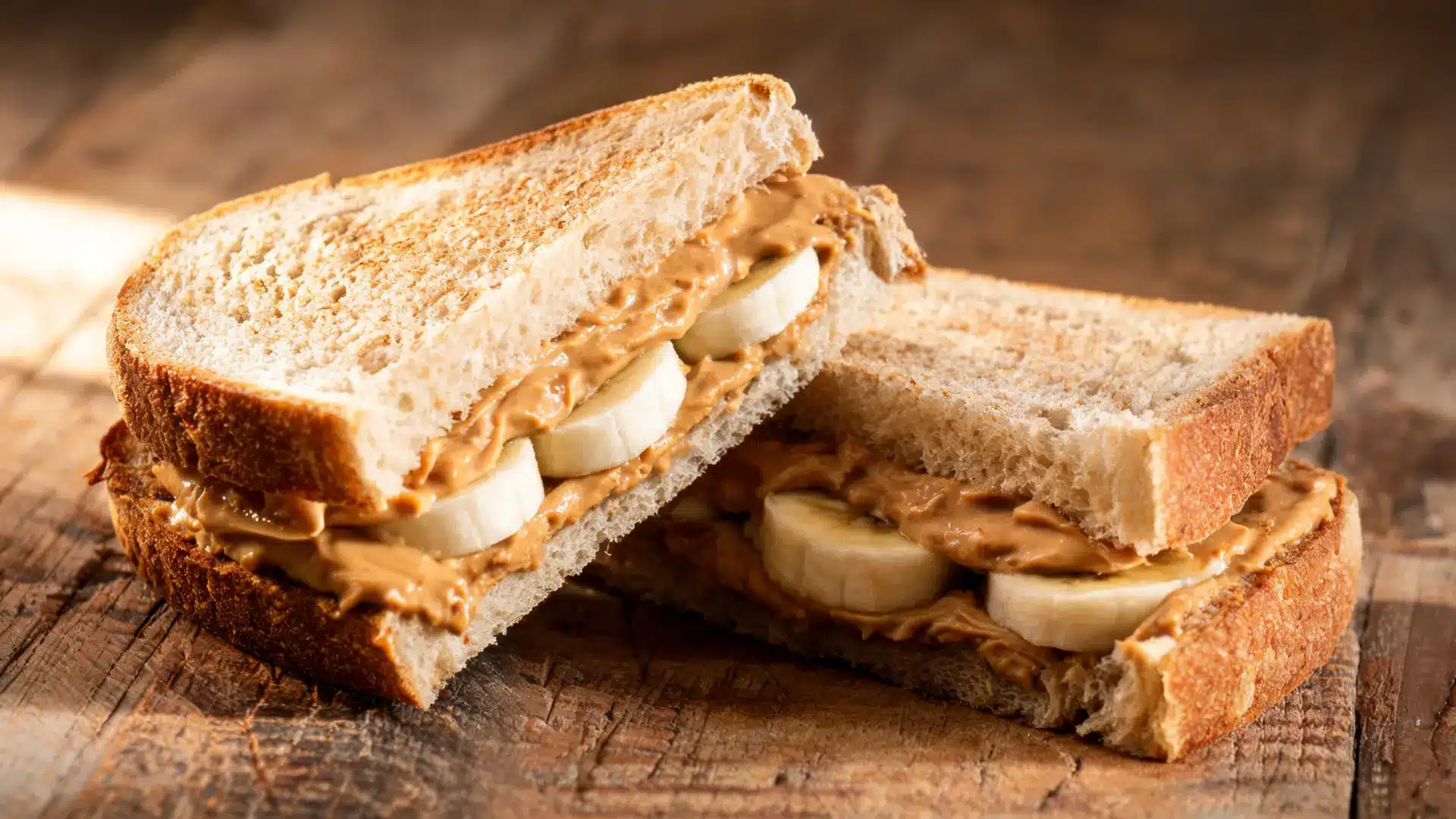 close-up high resolution peanut butter sandwich on rustic wooden table with creamy spread visible inside cut bread halves in warm morning light