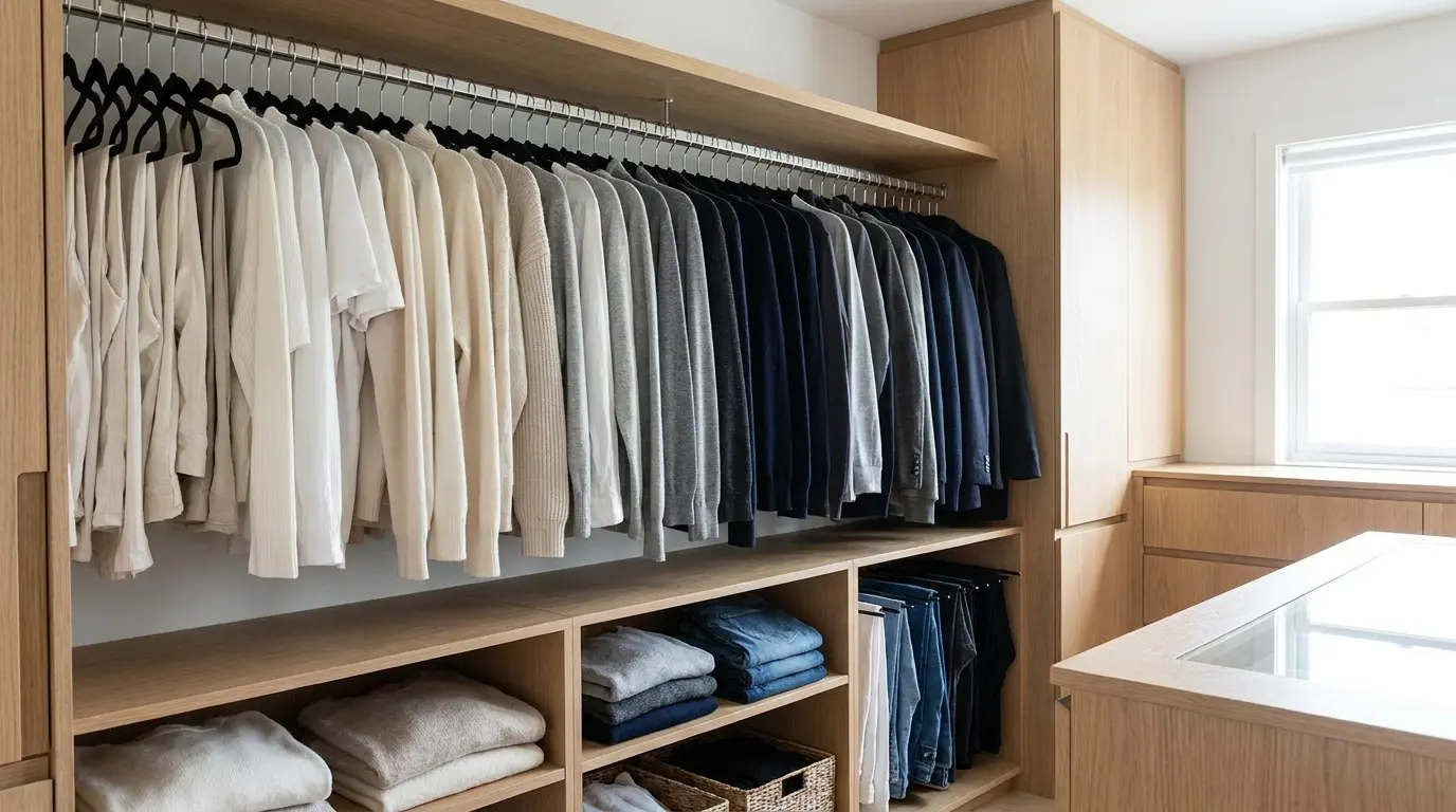 closet featuring matching hangers creating a tidy and uniform clothing display