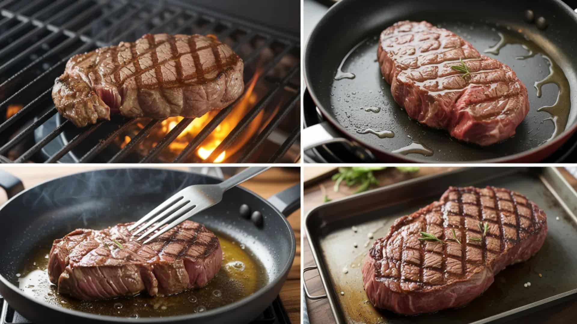 collage of steak cooking techniques grilling, pan-searing, and roasting, showing steaks with grill marks and natural juices