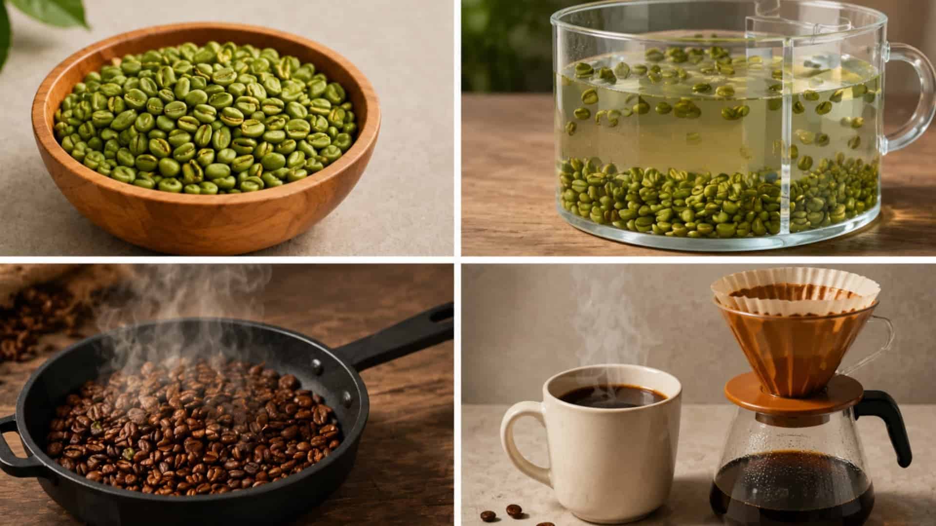 collage showing green coffee beans in wooden bowl soaking in water roasting in pan and brewed coffee with dripper cup