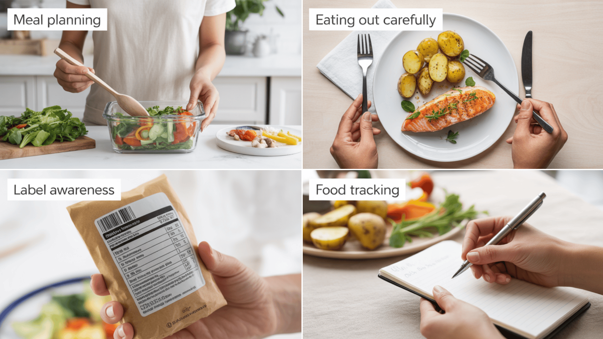 collage showing healthy habits like meal planning, mindful eating out, reading food labels, and tracking meals