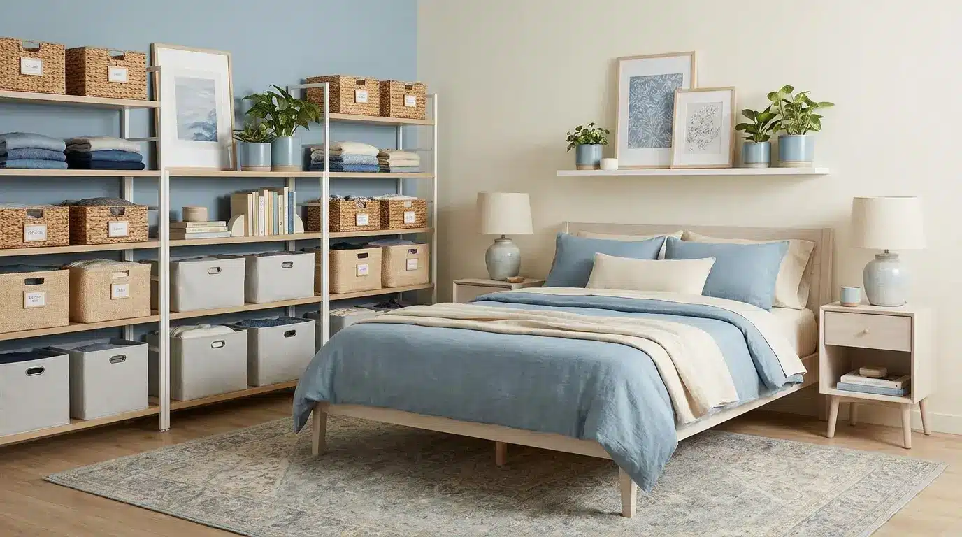color coordinated bedroom with matching storage decor and organized visual layout
