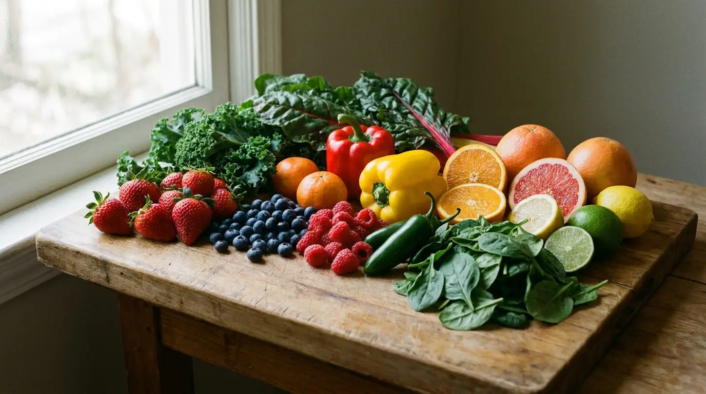 Assorted fresh fruits and vegetables on wooden table near bright window
